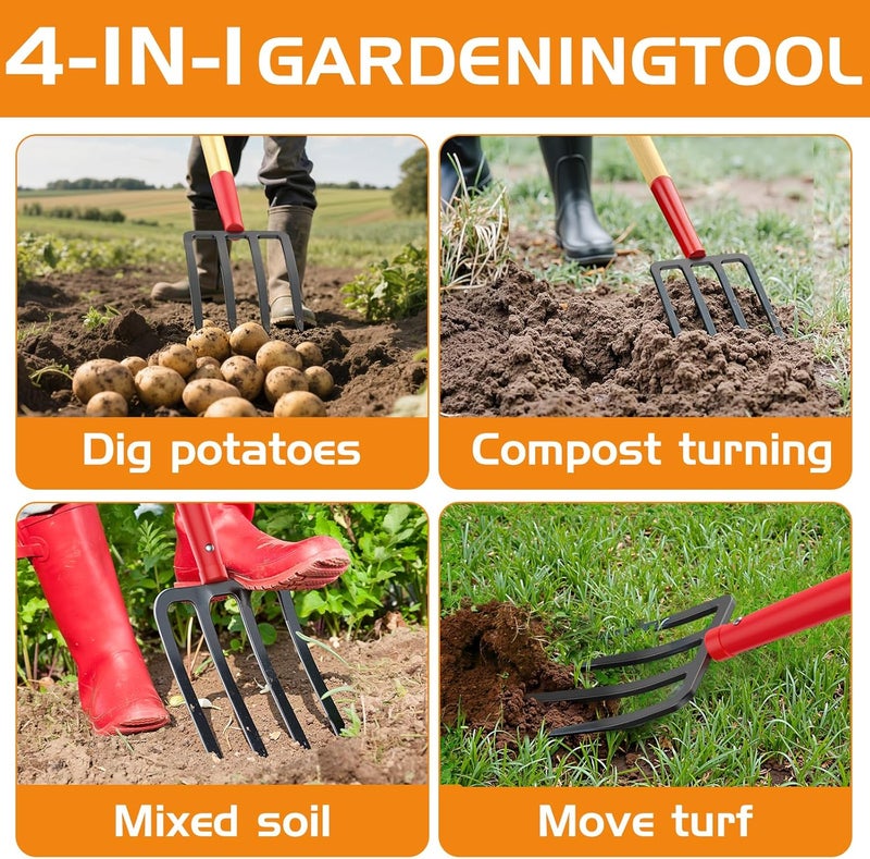 Highlight Garden Fork, 4-Tine Spading Fork, Compost Fork, Steel Digging Fork, 45Inch, Steel D-Grip, Wooden Handle - Image 2